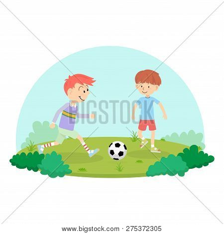 An Action Sport Vector Of A Group Of Kids Playing Soccer Football For Exercise In School Playground.