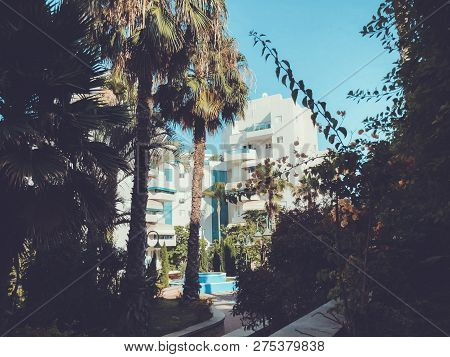 Residential Buildings And Fountain Surrounded With Green Plants In  Rishon Le Zion.