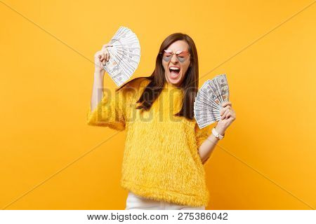 Portrait Of Crazy Woman In Heart Eyeglasses Screaming And Holding Bundle Lots Of Dollars, Cash Money