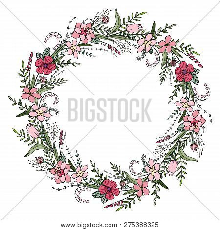 Beautifull Wreath With Flowers And Herbs On White Background For Wedding Or Birthday Party.