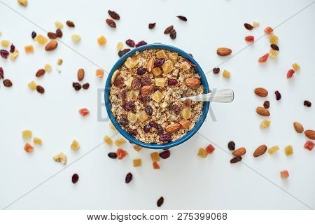 Reduce Callories. Top View Of Muesli Bowl With Dry Fruits.