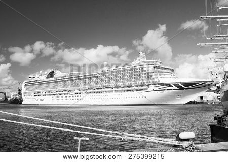 Bridgetown, Barbados - December 12, 2015: Azura Cruise Ship Docked In Sea Port. P O Cruises. Transpo