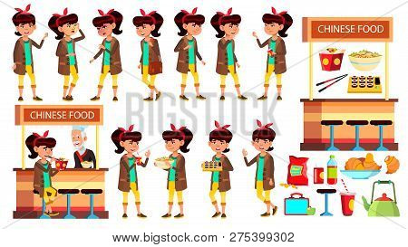 Asian Girl Kid Poses Set Vector. Child. Classic Restaurant, Takeaway Food. Suchi, Rolls, Spaghetti. 