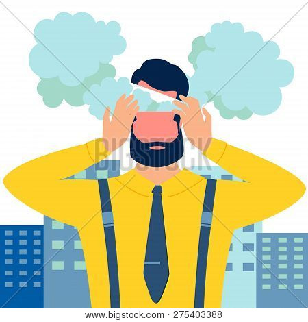 Metaphor Of Entangled Reworked At Overwork. Male Businessman, Earned On The Desktop. Boils Head In M