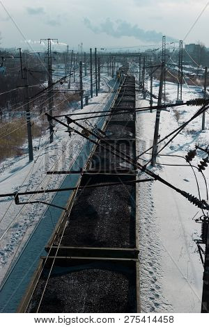 Rail Cars Loaded With Coal Transported From Nearby Mines To Power Plants In Winter