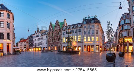 Panorama Of Amagertorv Square, Stroget Street During Morning Blue Hour, Copenhagen, Capital Of Denma
