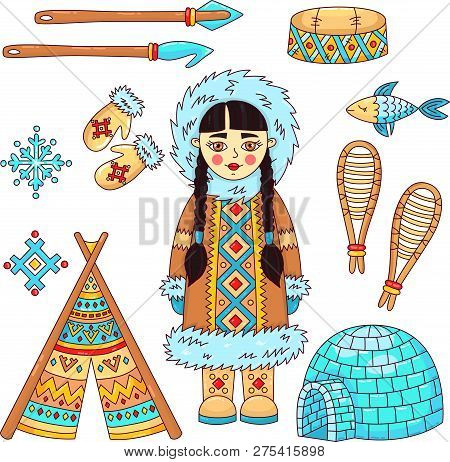 Eskimo Polar North Symbols Doodle Cartoon Vector Set