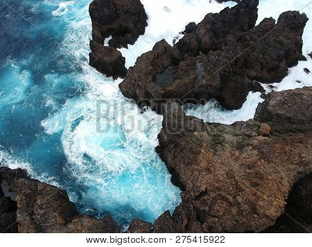 Picturesque View Of Wild Waves Tilting Against Rock In Ocean On Tenerife, Canary Islands, Spain