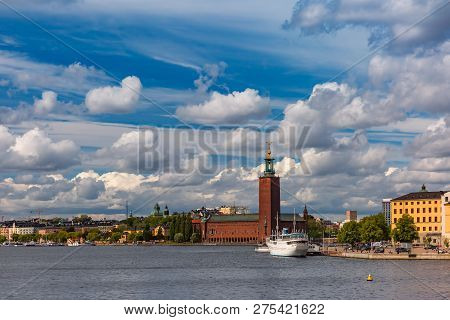 Scenic Summer Aerial View Of Stockholm City Hall Or Stadshuset In The Old Town In Stockholm, Capital