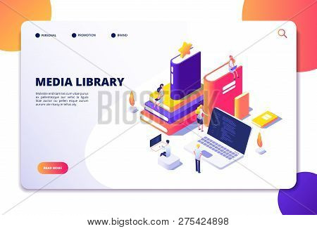 Online Library Isometric Concept. People In Bibliotheque, Books Laptops. Reading Technology Electron