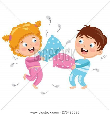 Vector Illustration Of Kids Playing Pillow Fight
