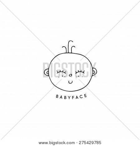 Cute Boys Face. Premade Hand Drawn Logo Template. Element For Children Related Business Branding And