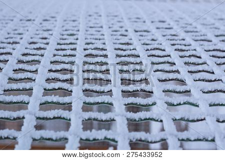 Frozen Metal Iron Net Chequer Covered With Frost In Winter