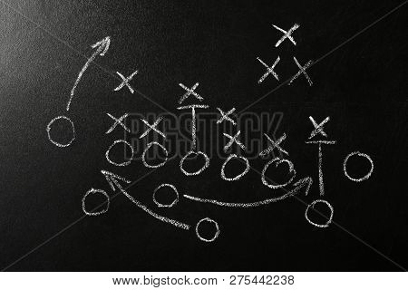 Chalkboard With Scheme Of Football Game. Team Play And Strategy