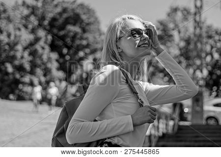 Woman Sunglasses Enjoy Walk Sunny Day, Urban Background. Urious Tourist. Trendy Girl Walking. Woman 
