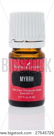 Winneconne, Wi - 18 November 2018: A Bottle Of  Young Living Myrrh Essential Oil Blend On An Isolate