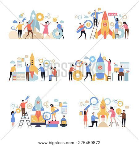 Launch Business Startup. Rocket Successful Company New Working Idea Business Metaphor Office Charact