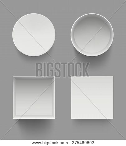 Boxes Top View. Gifts Present Open White Cases Template Vector Mockup Isolated. Illustration Of Gift