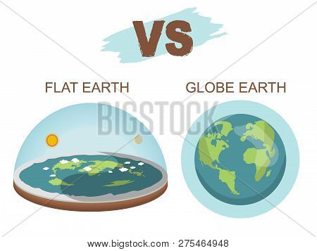 Theory Of Flat Earth. Flat Earth In Space With Sun And Moon Vs Spherical Earth. Vector Illustration.