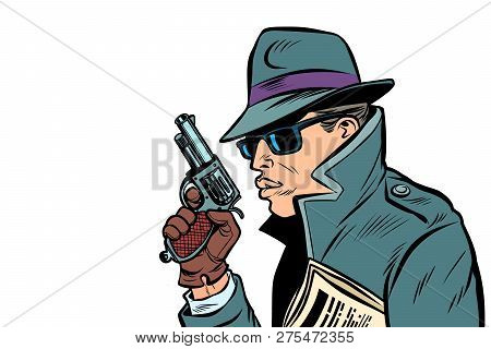 Gun Spy, Secret Agent. Comic Cartoon Pop Art Retro Vector Illustration Drawing