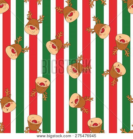 Seamless Christmas Pattern With Rednosed Reindeer On A Geometric Background Perfect For Gift Wrappin