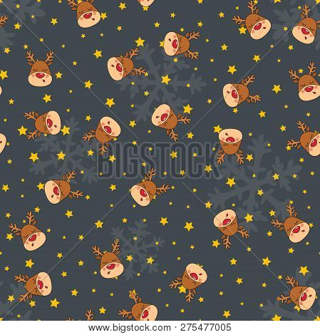 Seamless Christmas Pattern With Rednosed Reindeer On A Background Snowfall And Shooting Stars. Perfe