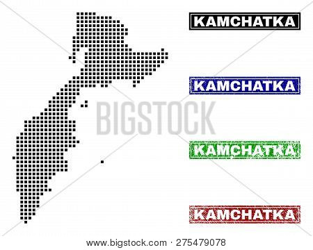 Dot Vector Abstracted Kamchatka Map And Isolated Clean Black, Grunge Red, Blue, Green Stamp Seals. K