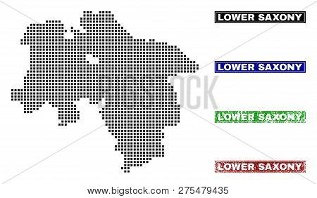 Dot Vector Abstracted Lower Saxony Land Map And Isolated Clean Black, Grunge Red, Blue, Green Stamp 