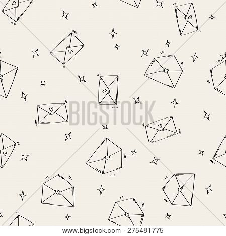 Letter Doodle Seamless Pattern. Love Letters With Stars. Doodle Style Pattern. Hand Drawn Envelope.