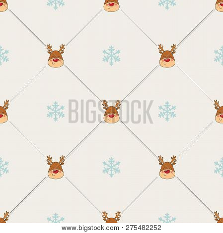 Seamless Christmas Pattern With Rednosed Reindeer On A Background Snowfall And Shooting Stars. Perfe