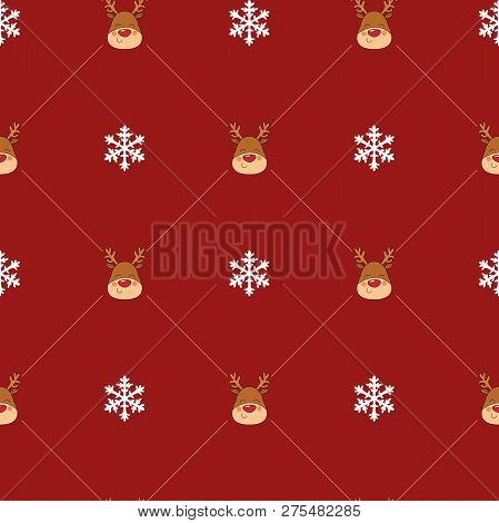 Seamless Christmas Pattern With Rednosed Reindeer On A Background Snowfall And Shooting Stars. Perfe