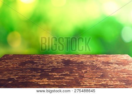 Selective Focus Of Empty Old Wood On Blur Nature Green Leaf With Bokeh.