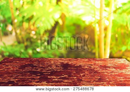 Selective Focus Of Empty Old Wood On Blur Nature Green Leaf With Bokeh.