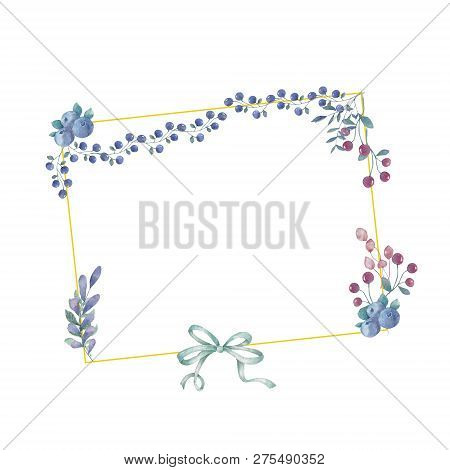 Watercolor Flowers And Leaves Wreath. Gold Frame Illustration. Square And Bow Clip Art Branch For Ce