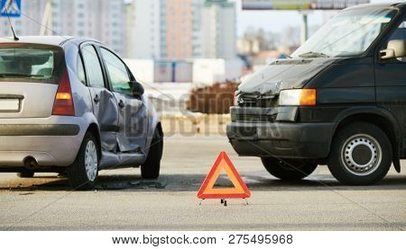 car crash accident on street. damaged automobiles