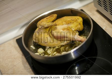 Healthy Food Cooking In Steamer, Steam Cooker With Green, Yellow And Red Bell Pepper, Onion And Chic