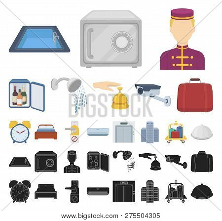 Hotel And Equipment Cartoon, Black Icons In Set Collection For Design. Hotel And Comfort Vector Symb
