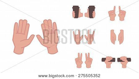 Cartoon Hands Set. Up Finger Gestures, Hand Holding Cup Of Coffee. Different Signs Isolated On White