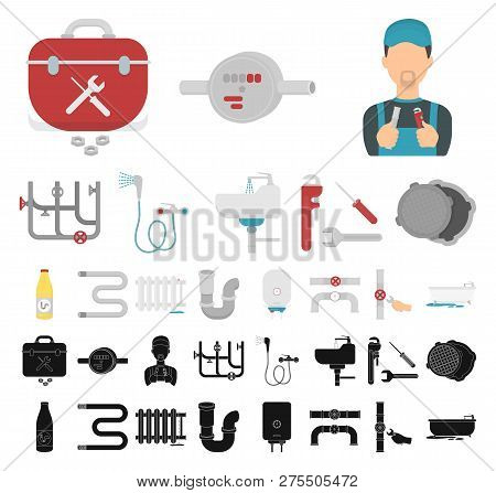 Plumbing, Fitting Cartoon, Black Icons In Set Collection For Design. Equipment And Tools Vector Symb