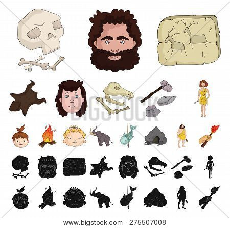 Life In The Stone Age Cartoon, Black Icons In Set Collection For Design. Ancient People Vector Symbo