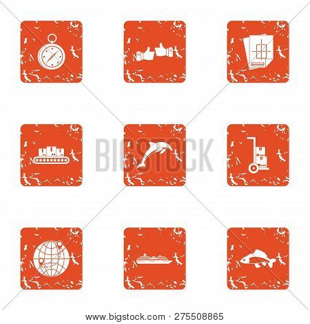 Sea Milieu Icons Set. Grunge Set Of 9 Sea Milieu Icons For Web Isolated On White Background
