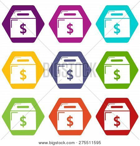 Box Money Icons 9 Set Coloful Isolated On White For Web