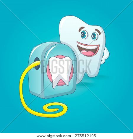 Smiling Tooth With Floss Box Concept Background. Cartoon Illustration Of Smiling Tooth With Floss Bo
