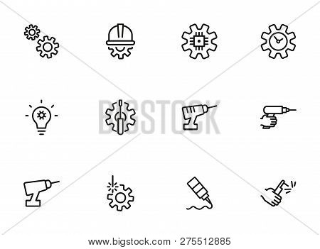 Gear Line Icon Set. Set Of Line Icons On White Background. Gear, Drill, Hand, Tool. Equipment Concep