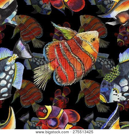 Watercolor Aquatic Underwater Colorful Tropical Fish Illustration Set. Seamless Background Pattern.