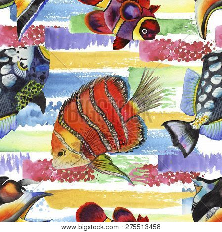 Watercolor Aquatic Underwater Colorful Tropical Fish Illustration Set. Seamless Background Pattern.