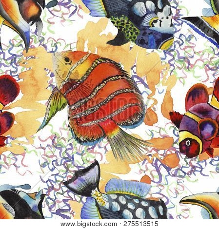 Watercolor Aquatic Underwater Colorful Tropical Fish Illustration Set. Seamless Background Pattern.