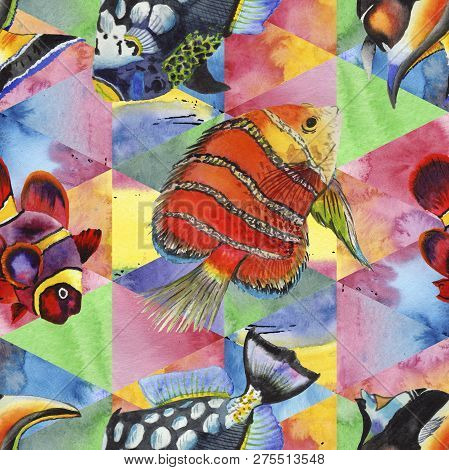 Watercolor Aquatic Underwater Colorful Tropical Fish Illustration Set. Seamless Background Pattern.