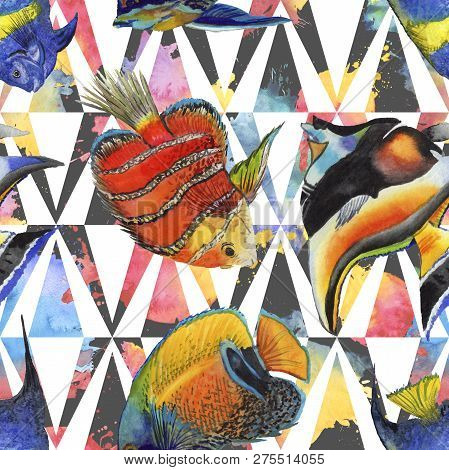 Watercolor Aquatic Underwater Colorful Tropical Fish Illustration Set. Seamless Background Pattern.