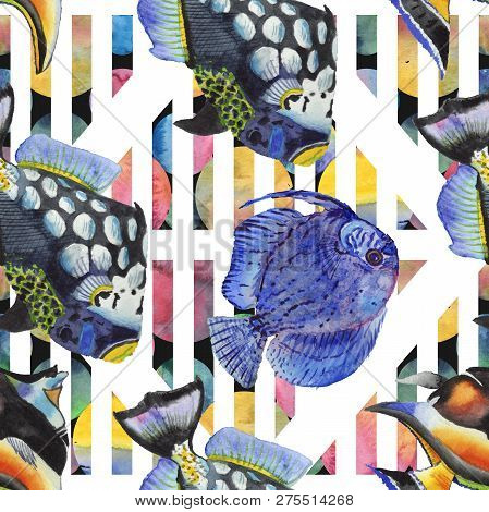 Watercolor Aquatic Underwater Colorful Tropical Fish Illustration Set. Seamless Background Pattern.